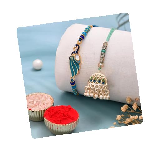 CraftVatika Bhaiya Bhabhi Rakhi Set | Handcrafted Peacock and Jhumka Lumba Rakhis with Ritual Essentials | Traditional Raksha Bandhan Gift for Couple With Fridge Magnet Gift (Set of 2)-image-45