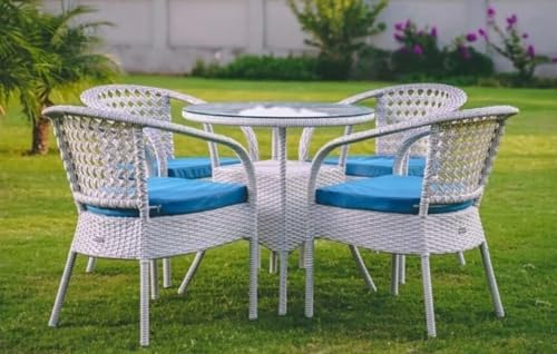 Image of India 4+1 Outdoor Indoor Patio Furniture Sets Rattan Chair Patio Set Conversation Set Poolside Lawn Chairs Balcony Rooftop Outdoor Garden Furniture Chair with Cushion (White & Blue)
