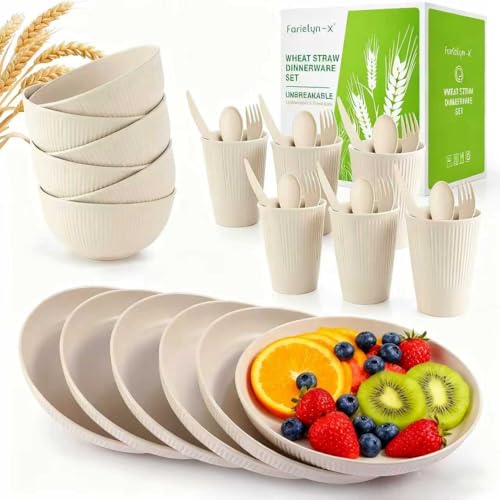 36-Piece Wheat Straw Dinnerware Sets for 6, Farielyn-X Unbreakable Reusable Set Kitchen Cups, Plates, Bowls Sets & Cultery Dishwasher Microwave Safe - Patio, Outdoors, RV, Camping Dishes