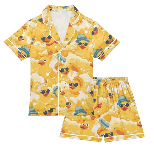 ALAZA Duck Hat Yellow Pajamas Satin Pajama Set Short Sleeve Button Down Sleepwear