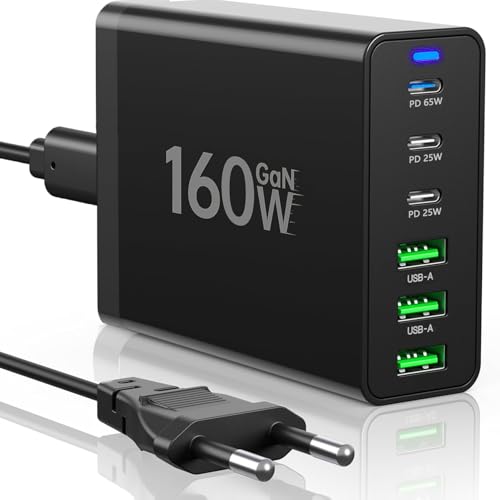 Cargador USB C, puertos GaN 6 de 160 W, estación de carga múltiple, cargador rápido, PD USB C,...