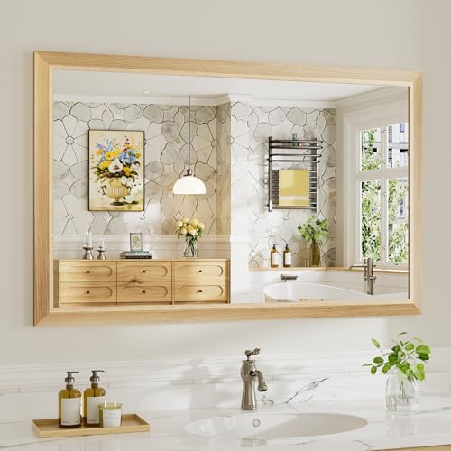 Image of 48x30 Inch Bathroom Mirror for Wall, Anti-Rust Oak Wood Grain Metal Framed Bathroom Mirrors for Over Sink,Rectangler Mirrors for Bathroom Vanity, Farmhouse, Bedroom, Living Room, Entryway Decor