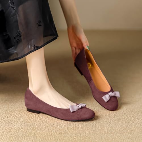 SHODENSE Women Round Toe Bow Flats Suede Slip on Ballet Shoes Comfortable Cute Dress Flat Shoes with Bow Two Tone Walking Drive Flats Street Party Wedding Dress Flats Retro 4-11 M US4