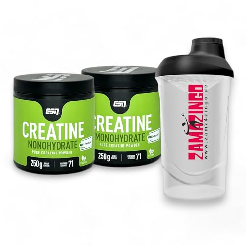 2x ESN Creapure Creatine Monohydrate Powder 71 Portionen 250g | Veganes Nahrungsergänzungsmittel mit reinem Kreatin + Gratis Zama4Zingo Shaker 600ml
