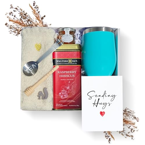 Tea Gift Set for Women – Get Well Basket with Cozy Socks, 18 Full Leaf Sachets, Honey, Tumbler & Sending Hugs Card (Raspberry Hibiscus)