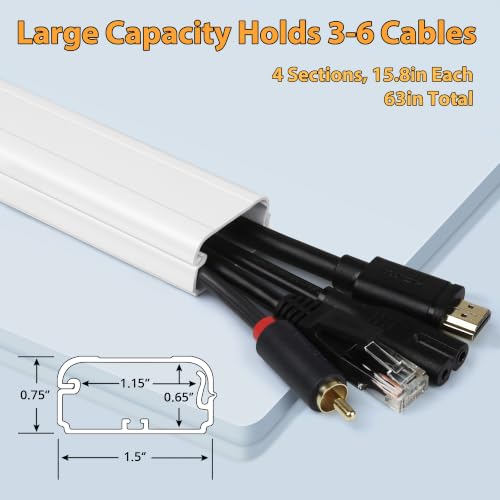 Image of ZhiYo 63in White Cord Cover, TV Cord Hider for Wall Mount, 1.5inW x 0.75inH | Fits 3-6 Cords, Portable Hinged Cover, Strong Adhesive Tape, Paintable Large Cable Management Raceway, 4 Pack (15.8in Each)