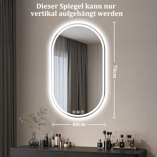 XRAMFY Badspiegel mit Beleuchtung LED 70×40CM Anti-Beschlag Badezimmer Wandspiegel Badezimmerspiegel IP65 Wassergeschützt – Ansicht 2
