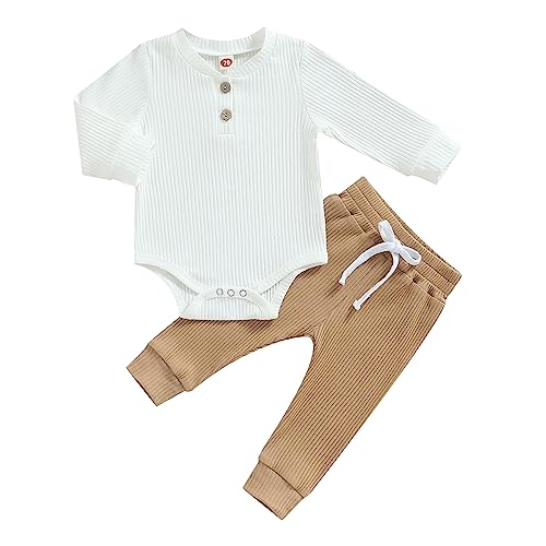 Image of Newborn Baby Boy Girl Clothes Ribbed Knitted Long Sleeve Romper Pants Solid Cotton Infant Fall Winter Outfits 2Pcs