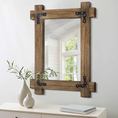 Wood Frame Mirrors for Wall Rustic Rectangle Decorative Wall Mirror Antique Farmhouse Entryway Bedroom Living Room Bathroom Hanging Mirror Brown Large Vertical or Horizontal