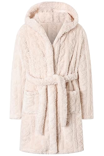 Umeyda Girls' Robe, Cute Hooded Bathrobe for Toddler Baby with Belt, Twist Off-White, 9-10 Years, CN 160