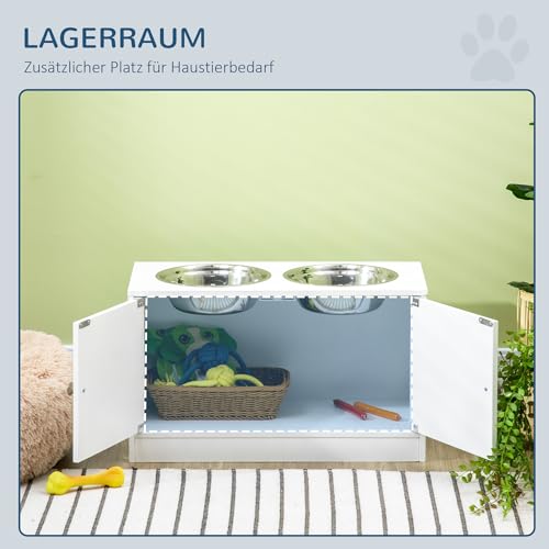 PawHut Hundenäpfe, Erhöhtes Futterstation mit 2 Edelstahlschüsseln, Hundenapfständer mit 44L Stauraum, Magnettüren, Fressnapf, Wassernapf für Große Hunde, Weiß