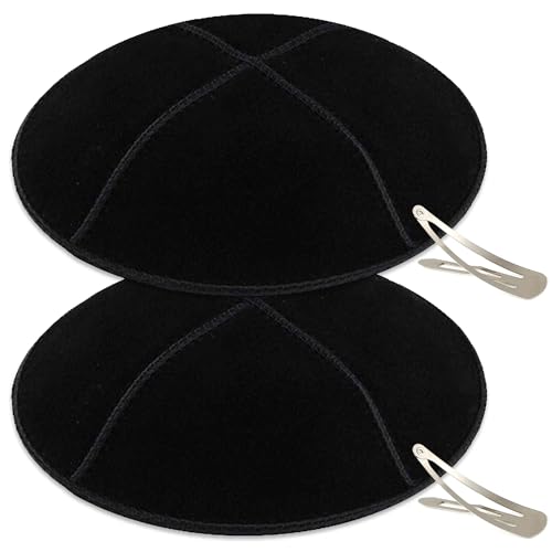Zion Judaica 2 Pack Black Genuine Suede Kippah & Hair Clip for Men & Boys Prayer Kippot for Bar/Bat Mitzvah Chuppah Teens Black Leather Kippahs for Daily Use Passover Seder Trendy Yamakha