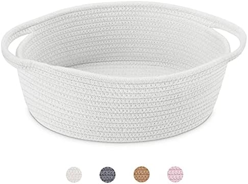 ABenkle Cute Small Woven Basket with Handles, 12"x 8" x 5" Rope Room Shelf Storage Basket Chest Box for Cat and Dog Toys, Empty Decorative Gift - White