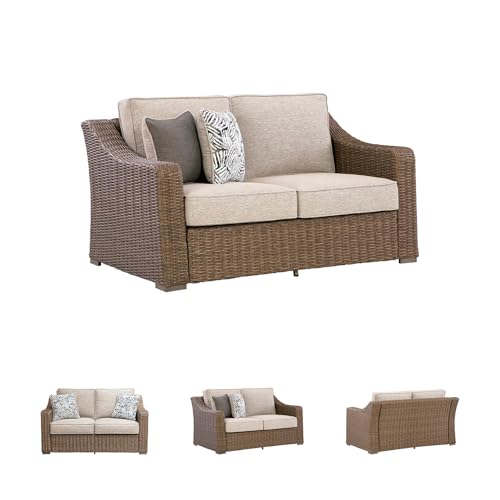Image of Signature Design by Ashley Carmel Bay Outdoor Loveseat with Cushion, Beige | All-weather resin wicker over rust-resistant aluminum frame, Roomy 60-inch seating, Fade-resistant cushions
