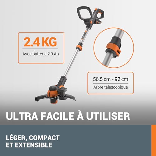 WORX Coupe Bordures 2 en 1 sans Fil 20V WG163E se transforme en dresse Bordures diamètre de 30cm poignée amovible Capot de Protection Tête amovible Livré avec deux Batteries 2Ah et Chargeur - vue 7