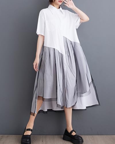 ellazhu Women's Short Sleeves Solid Color Irregular Hem Casual Shirt Dress GZ1754