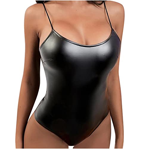 Mujer Lenceria Erótica una Pieza Cuero PU Sexy Body Babydoll Mono Moda Ropa de Dormir Ahuecado Pijamas Camisón Abierta Blackless Transparente Ropa Interior 2024