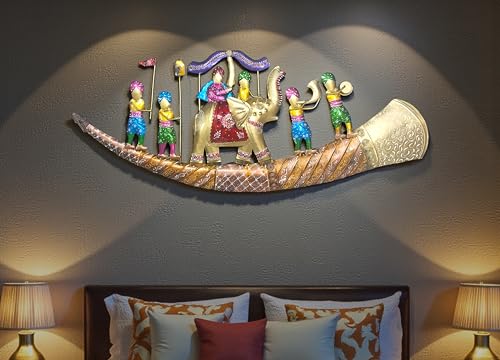 Image of Metal Wall Art for Living Room | Rajasthani Elephant Wall Decor | Handcrafted Iron Wall Hanging | Traditional Indian Home Decoration | Colorful Royal Procession Wall Art with LED Backlight (44*19inch)