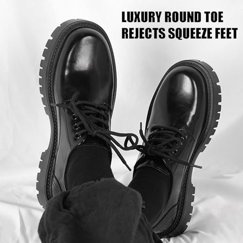 Men's Leather Platform Block Heel Oxfords Classic Round Toe Lace Up Lug Sole Soft Bottom Business Work Dress Shoes Non-Slip Heightening Derby Shoes4