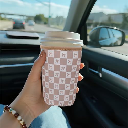 Image of Reusable Insulated Sleeve for Iced Coffee Cup, Coffee Neoprene Sleeve for Cold & Hot Drinks, Beverage Holder for Iced Coffee (Caramel Checkered Bows, Small: 16-18oz)