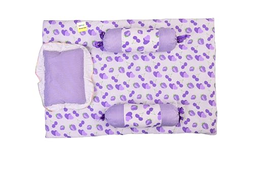 Image of Kwitchy New Born Bedding Combo of Baby Mattress with Net | Gaddi Set | Comforter (0-6 Months) Purple (4PCS Set)