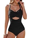 Vijamiy Maillot de Bain Femme 1 Pieces Gainant Ventre Plat Sexy Col V Maillot de Bain Push Up Tankinis Swimwear Rembourré (Noir,XL)