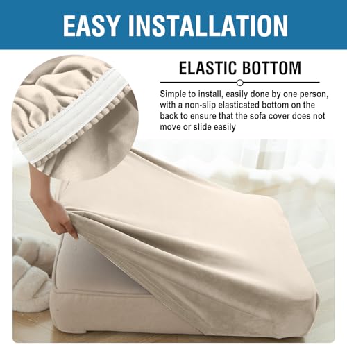 Image of Couch Cover 6-Piece Elastic Velvet Couch Cushion Covers & Chaise Slipcovers for L-Shaped Sofas - Sofa Seat Covers Washable, Soft Protector for Couches (5 Seater + Chaise, Ivory)