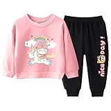 Hansber Kinder Mädchen Sportanzug Baumwolle Sweatshirt Cartoon Pferde Musterdrucke Langarm Rundhals Pullover Hose Sweathose Freizeitanzug Gr. 110-152 C Pink&Schwarz 92-98