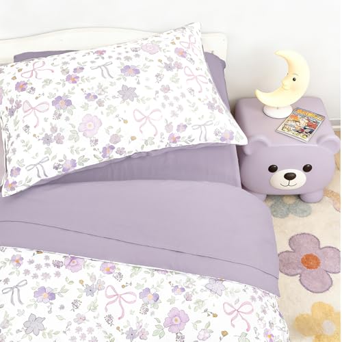 Image of SWESEN Toddler Bedding Set for Girls, Purple Floral Toddler Girls Bedding Set, Soft & Lightweight 4 Piece Toddler Comforter Sets Include Comforter, Flat Sheet, Fitted Sheet, Pillowcase