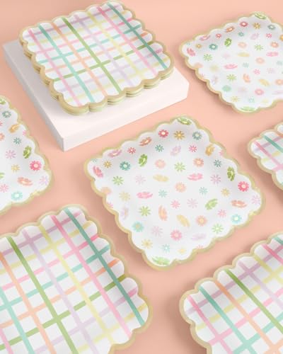 Xo, Fetti PF-KP-PDEC-PLAT-TEAP-MT-1-XX Flower + Plaid Paper Plates - 24 Pk, Square Flower Tea Party | Partea Kids Birthday Party Supplies, Tea Kettle, Pastel Garden Baby Shower Decorations, Easter thumb #7