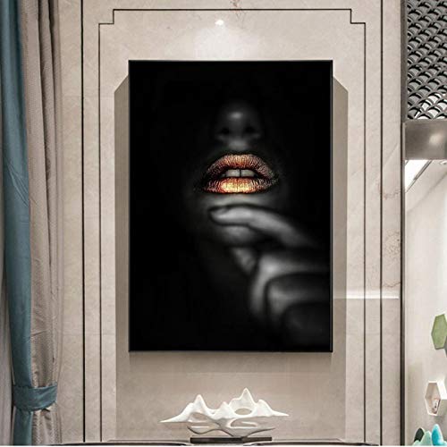 Affiche Art Africain Noir et Or Peinture Sur Toile Tableau Femme Lèvres Dorées 60x90cm Sans Cadre