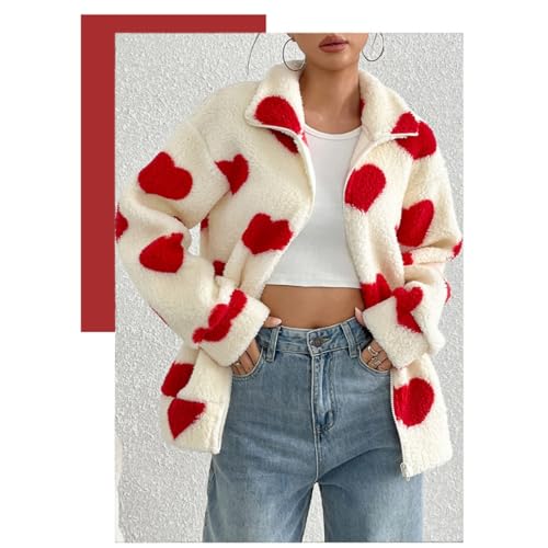 Women's Heart Graphic Jacket Full Zip Oversized Fuzzy Warm Coat Y2K Valentine's Day Winter Cardigan with Pockets2
