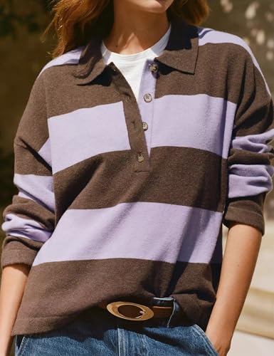 Women Striped Sweater Long Sleeve Lapel Polo V Neck Strip Knit Pullover Casual Layer Top Jumper Y2K Shirts2