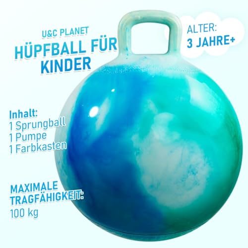 U&C Planet Hüpfball Aufblasbarer Hopperball mit Pumpe, 55 cm Hopper Ball für Kinder max. Belastbarkeit 100 KG, Spielzeug für Kinder 7-12 Jahre Drinnen & Draußen,Wolke blau