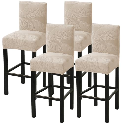 Image of HAOYONG Bar Stool Covers, Stretch Counter Stool Pub Chair Slipcover Washable Counter Height Chair Covers for Kitchen Dining Room Cafe Set of 4 (Beige)