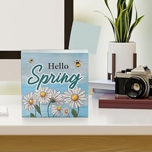 Spring Wooden Sign Hello Spring Wood Block Sign Rustic Daisies Spring Decorative Desk Sign Home Shelf Tabletop Decor 5 X 5 Inches