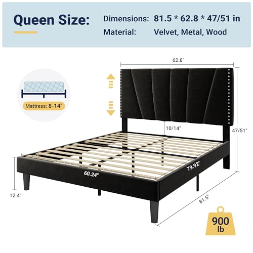 Image of Allewie Queen Velvet Platform Bed Frame with Adjustable Headboard, Black | Height-Adjustable Velvet Headboard, Rivet-Style Nailhead Trim, Wooden Slat Support, No Box Spring Needed, Easy Assembly