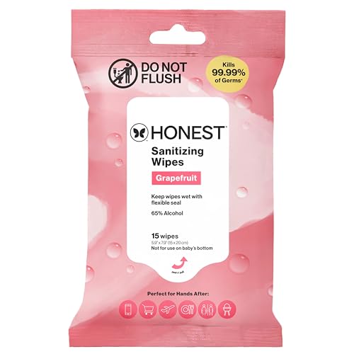 Image of The Honest Company Grapefruit Grove Sanitizing Wipes, Kills 99.99% of Germs, Safe for All Hands, Antibacterial, Dermatologist Tested, 15 Count