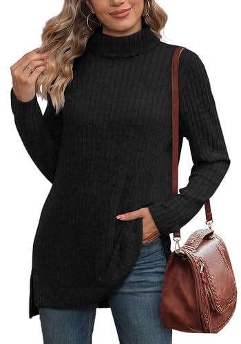 WIHOLL Womens Tunic Tops Turtleneck Long Sleeve Shirts Oversized Fall Sweaters Side Split High Low Hemline4