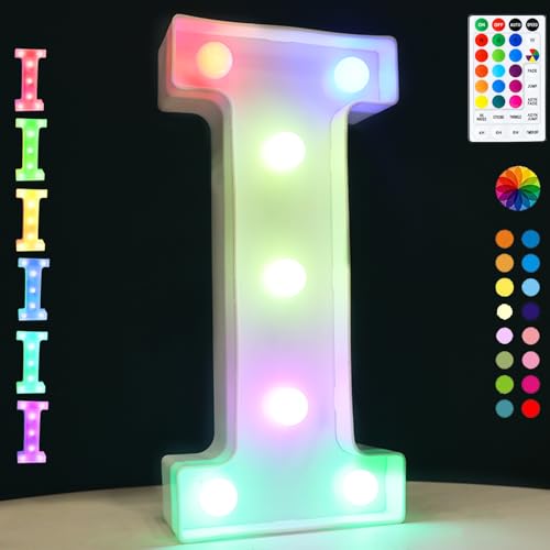Light Up Colorful LED Marquee Letter Lights, 18 Colors Changing Alphabet Letters Sign with Remote Timer for Night Light Wedding Birthday Party Lamp Christmas Home Bar Decor- Colorful I