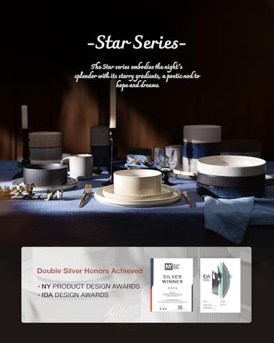 Richmount Star Plates and Bowls Set, 18 Pieces Dinner Sets for 6 People, Stoneware Dinnerware Sets with Dinner Plates/Salad Plate/Cereal Bowls, Dishwasher & Microwave Safe, Smoky Blue - 9