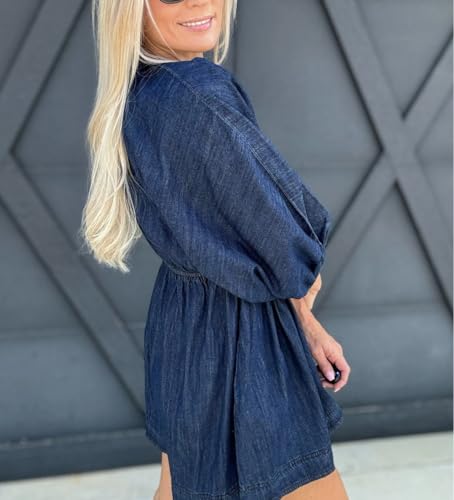 Image of utcoco Denim Dress Women Puff 3 /4 Sleeves V Neck Swing A Line Cute Babydoll Mini Jean Dresses for Women 2025 (Large, Dark Blue)