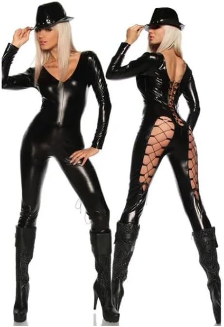 Front/Back Deep V-Neck Jumpsuit Hollow Out Cosplay Catsuit Lace Up Legs Romper Faux Leather Clubwear Customizable