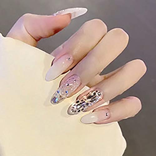 Harosy Stiletto Long Press on Nails White Crystal Fake Nails Long Acrylic Nails for Women and Girls 24Pcs
