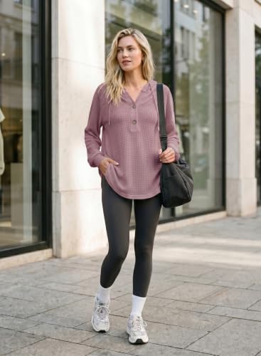 Image of Dokotoo Hoodies for Women Waffle Knit Button V Neck Casual Sweatshirt Tops