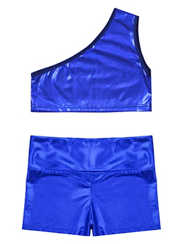 TiaoBug Kids Girls Shiny Metallic Crop Tops and Shorts Set Gymnastics Dance Outfits Yoga Dance Sports Set3