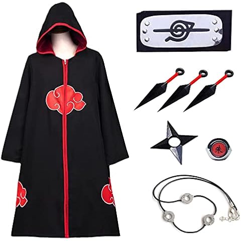 Formemory Uchiha Itachi Cloak Anime Cosplay Costume Uchiha Itachi Robe, Anime Cosplay Costume Itachi Cloak/Headband/Ring/Necklace/, Black Cloak Halloween Cosplay Costume for Adults kids (S) Cover