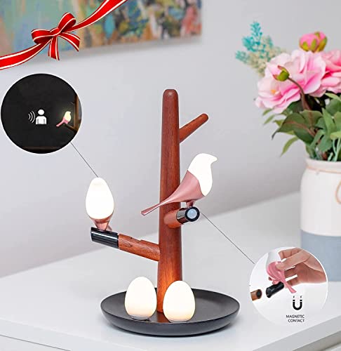 Moiré Tree of Lyte Motion Sensor Bird Night Light Dimmable Rechargeable Wireless Modern Desk Rose Gold Wood Lamp