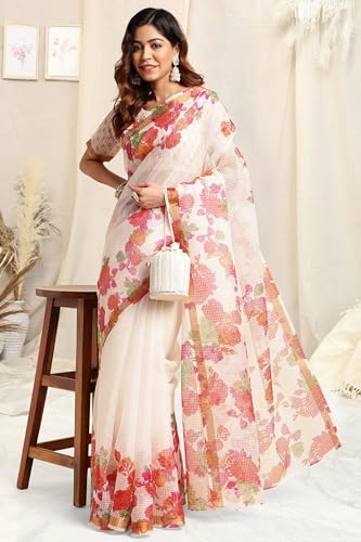 Image of MIRCHI FASHION Lightweight Kota Doria Cotton Saree | Floral Printed Summer Saree for Women | Breathable Ethnic Daily Wear Saree with Blouse Piece