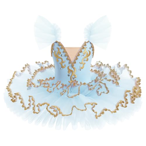 Girl Swan Lake Ballet Dance Dress Flutter Sleeve Gold Lace Pancake Platter Tutu Little Ballerina Recital Gymnastic Leotard Dance Outfits Kids School Ballet Class Dress Blue+Gold 15-16 Years